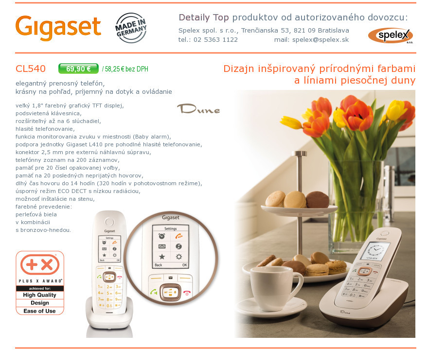Podrobn� popis vlastnost� a parametrov telef�nu Gigaset Dune CL540