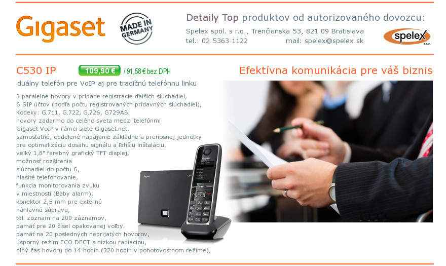 Podrobn popis vlastnost a parametrov telefnu Gigaset C530IP