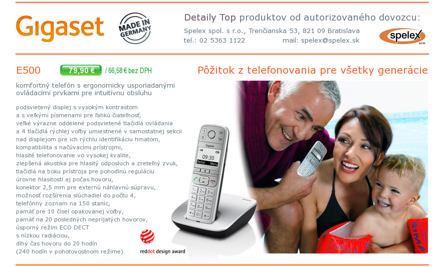 Podrobn popis vlastnost a parametrov telefnu Gigaset E500